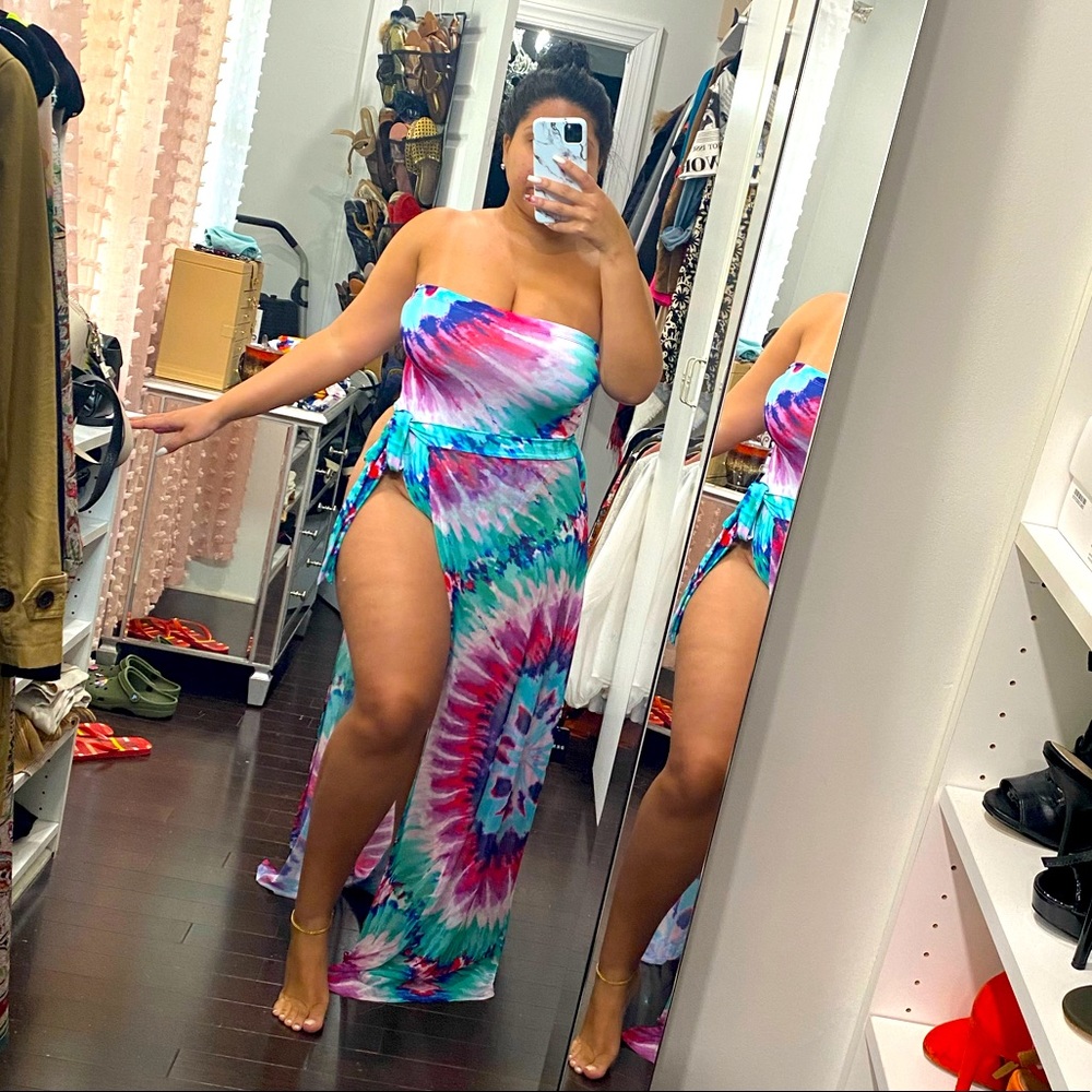 One piece bathing suit with coverup skirt